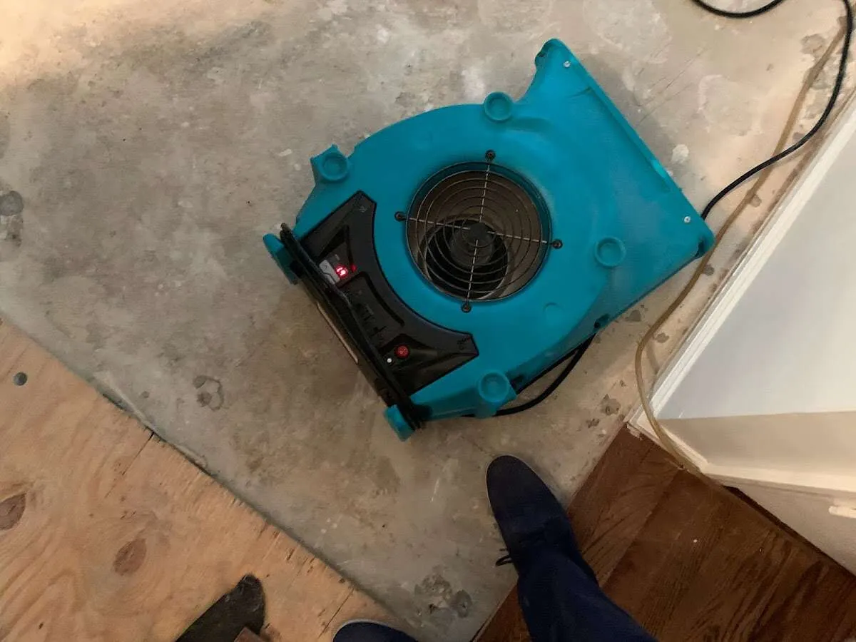 Air mover drying subfloor during Leak Detection & Repair in Mount Lebanon